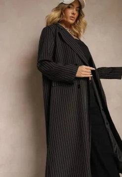 Czarny Płaszcz o Dwurzędowym Kroju w Stylu Marynarki w Paski Lanaritia