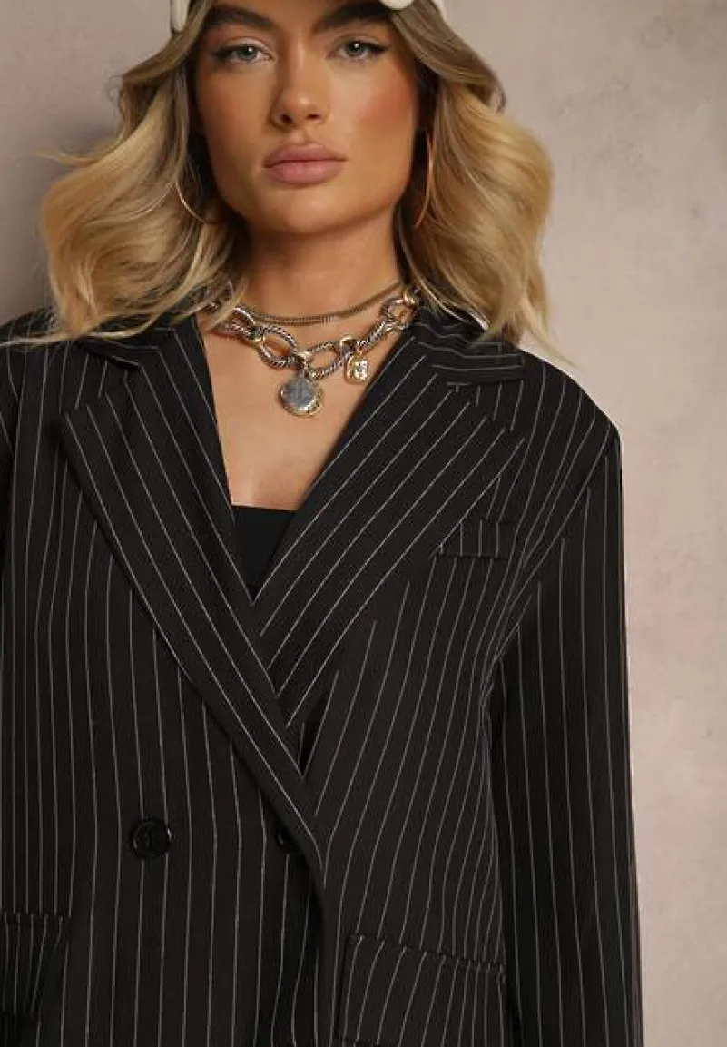 Czarny Płaszcz o Dwurzędowym Kroju w Stylu Marynarki w Paski Lanaritia