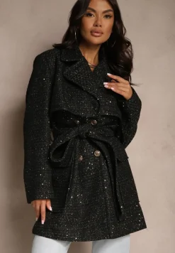 Czarny Płaszcz o Dwurzędowym Kroju z Paskiem Przeszyty Metaliczną Nicią Salenithra
