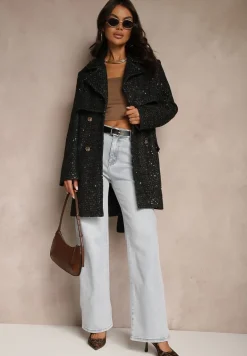 Czarny Płaszcz o Dwurzędowym Kroju z Paskiem Przeszyty Metaliczną Nicią Salenithra