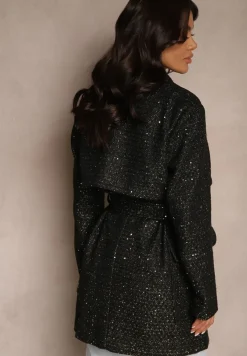 Czarny Płaszcz o Dwurzędowym Kroju z Paskiem Przeszyty Metaliczną Nicią Salenithra