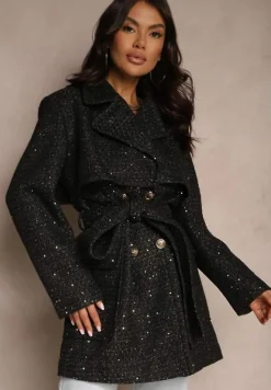 Czarny Płaszcz o Dwurzędowym Kroju z Paskiem Przeszyty Metaliczną Nicią Salenithra