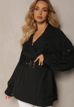 Czarny Płaszcz o Krótkim Fasonie z Paskiem i Elastyczną Talią oraz Bufiastymi Rękawami Pathia