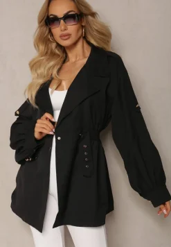 Czarny Płaszcz o Krótkim Fasonie z Paskiem i Elastyczną Talią oraz Bufiastymi Rękawami Pathia