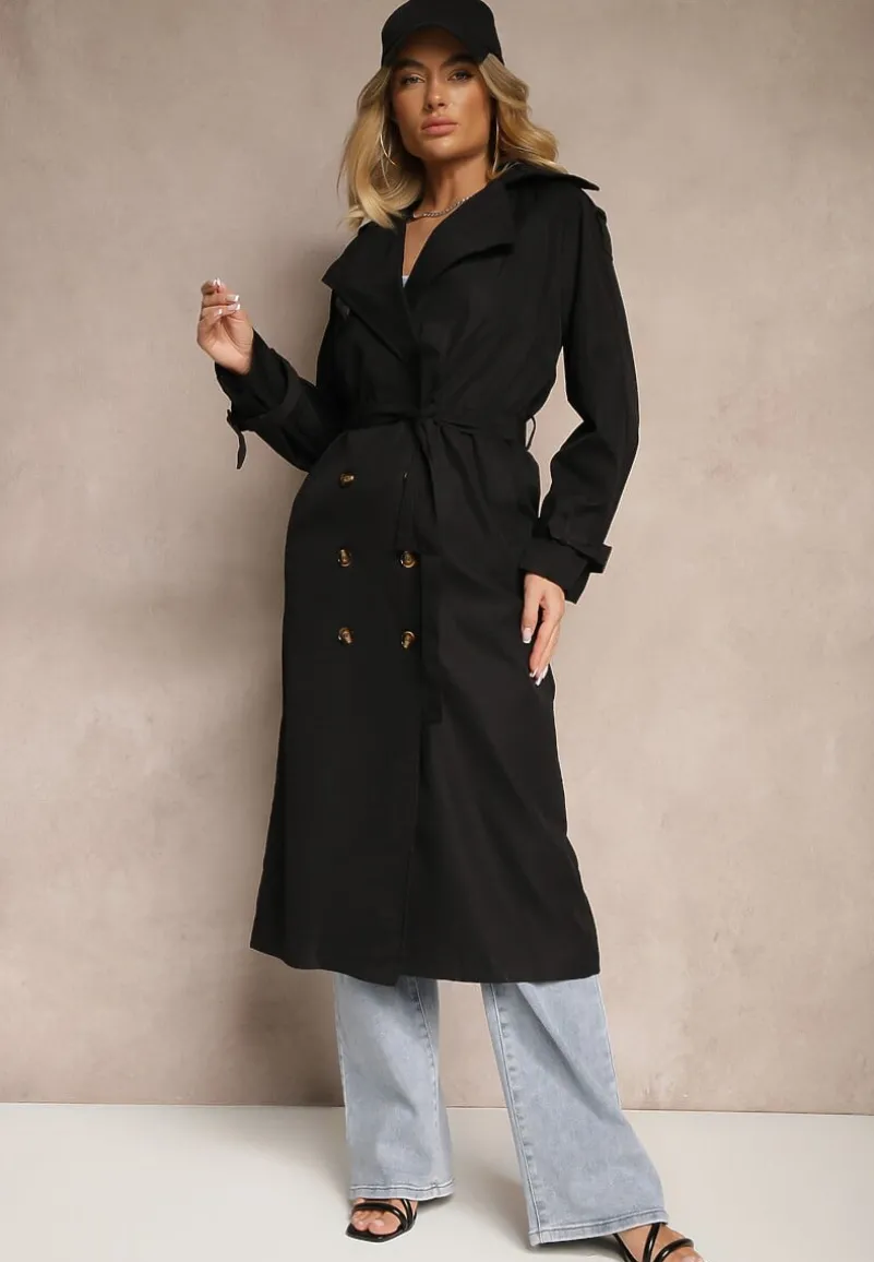 Czarny Płaszcz o Wydłużonym Fasonie Trencza z Guzikami i Paskiem Dennime