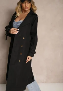 Czarny Płaszcz o Wydłużonym Fasonie Trencza z Guzikami i Paskiem Dennime