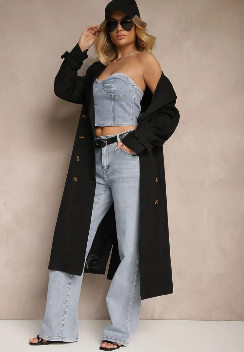 Czarny Płaszcz o Wydłużonym Fasonie Trencza z Guzikami i Paskiem Dennime