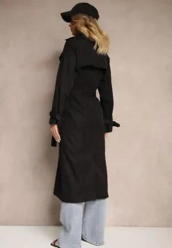 Czarny Płaszcz o Wydłużonym Fasonie Trencza z Guzikami i Paskiem Dennime