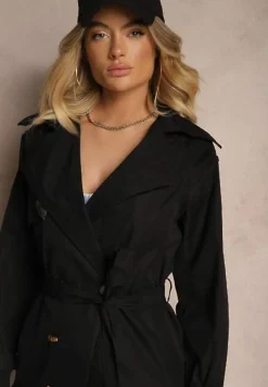 Czarny Płaszcz o Wydłużonym Fasonie Trencza z Guzikami i Paskiem Dennime