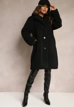Czarny Płaszcz Oversize z Pluszowego Futerka z Czapką Jillo