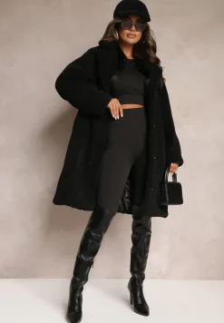 Czarny Płaszcz Oversize z Pluszowego Futerka z Czapką Jillo