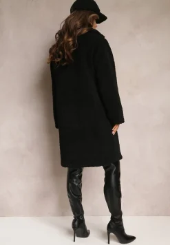 Czarny Płaszcz Oversize z Pluszowego Futerka z Czapką Jillo