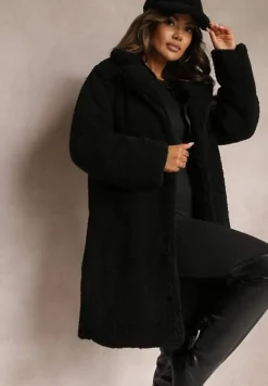 Czarny Płaszcz Oversize z Pluszowego Futerka z Czapką Jillo