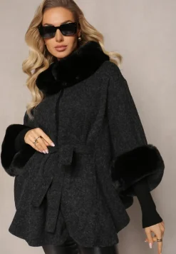 Czarny Płaszcz Ponczo z Wiskozy z Paskiem i Futerkiem Roymessa