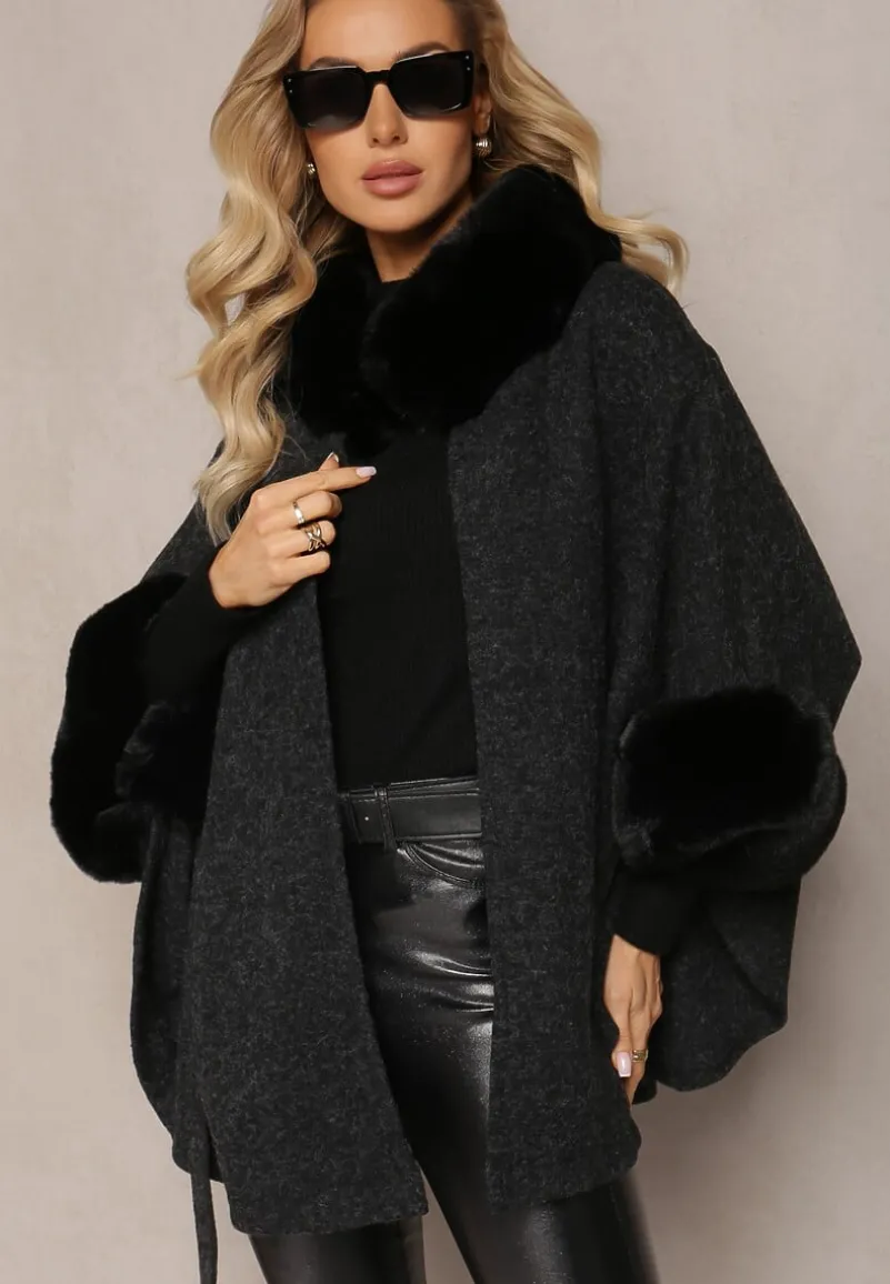 Czarny Płaszcz Ponczo z Wiskozy z Paskiem i Futerkiem Roymessa