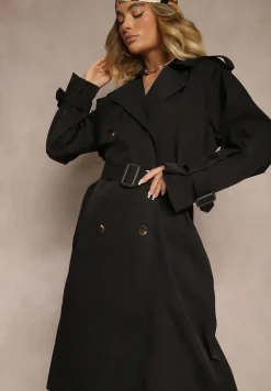Czarny Płaszcz Trencz Dwurzędowy z Paskiem Lene