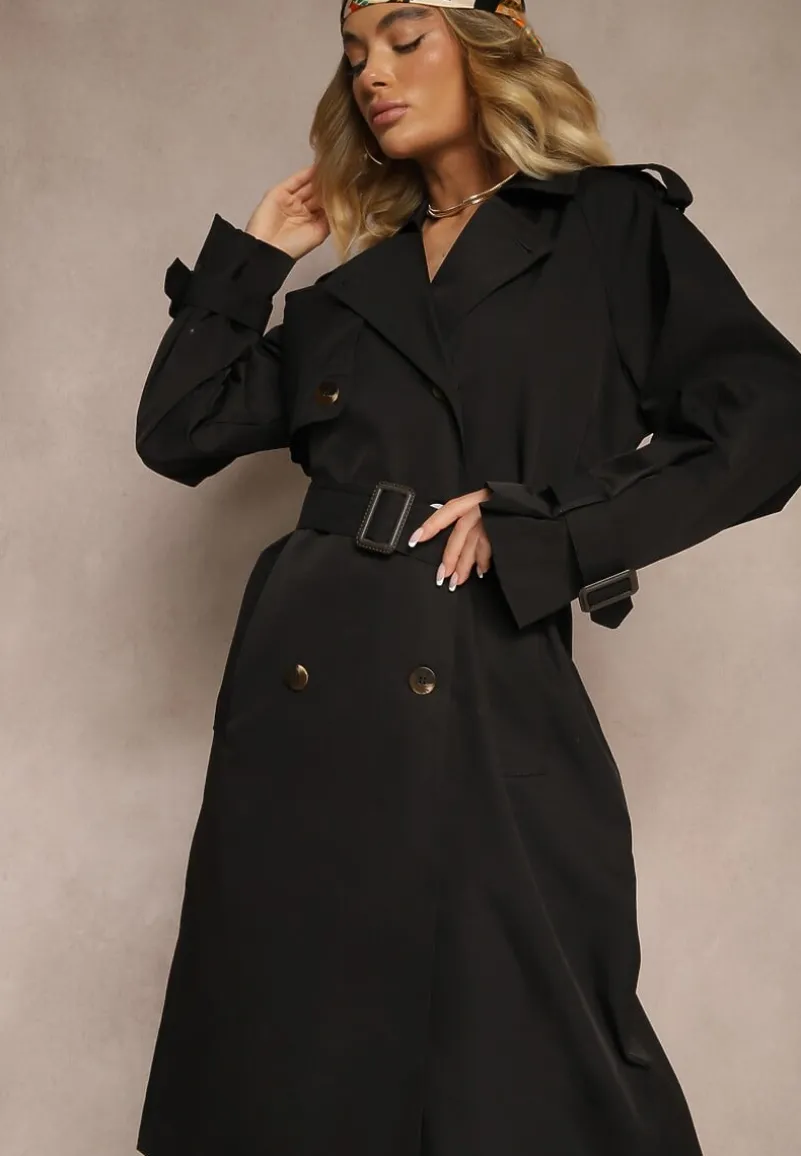 Czarny Płaszcz Trencz Dwurzędowy z Paskiem Lene