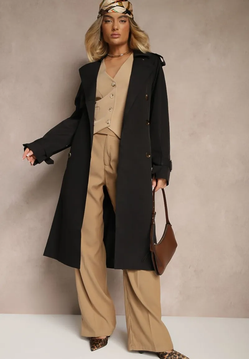 Czarny Płaszcz Trencz Dwurzędowy z Paskiem Lene