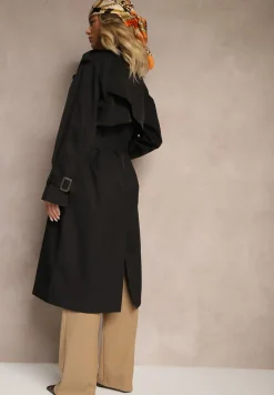 Czarny Płaszcz Trencz Dwurzędowy z Paskiem Lene
