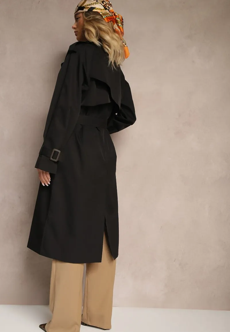 Czarny Płaszcz Trencz Dwurzędowy z Paskiem Lene