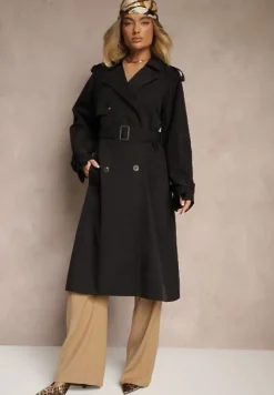 Czarny Płaszcz Trencz Dwurzędowy z Paskiem Lene
