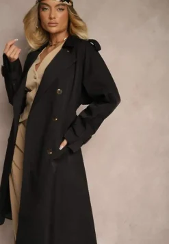 Czarny Płaszcz Trencz Dwurzędowy z Paskiem Lene