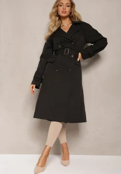 Czarny Płaszcz Trencz Dwurzędowy Taliowany Paskiem z Patkami na Rękawach Diore