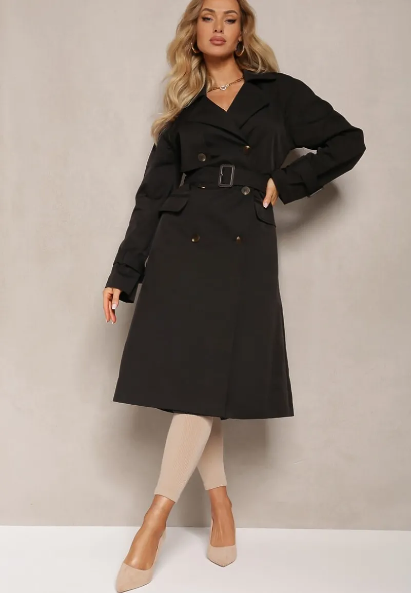 Czarny Płaszcz Trencz Dwurzędowy Taliowany Paskiem z Patkami na Rękawach Diore