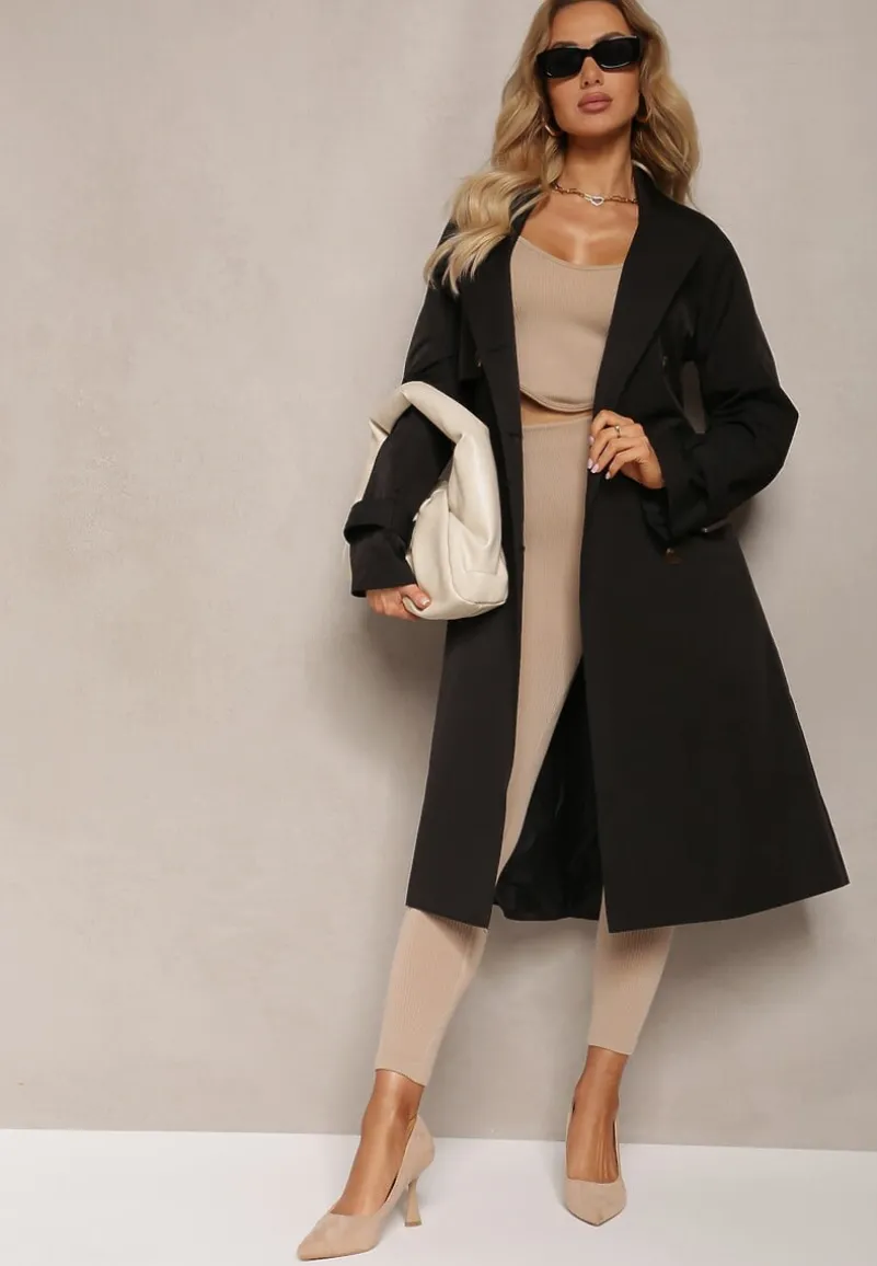 Czarny Płaszcz Trencz Dwurzędowy Taliowany Paskiem z Patkami na Rękawach Diore