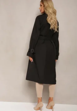 Czarny Płaszcz Trencz Dwurzędowy Taliowany Paskiem z Patkami na Rękawach Diore