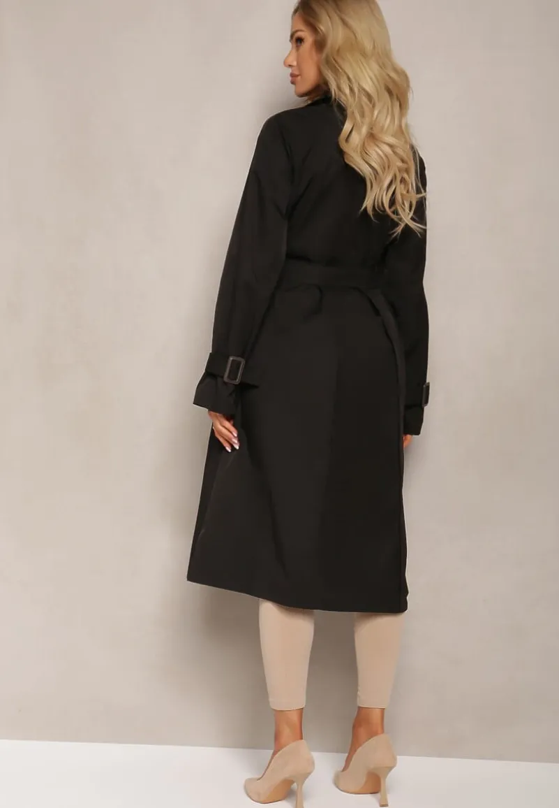 Czarny Płaszcz Trencz Dwurzędowy Taliowany Paskiem z Patkami na Rękawach Diore