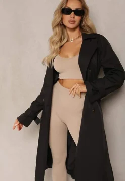 Czarny Płaszcz Trencz Dwurzędowy Taliowany Paskiem z Patkami na Rękawach Diore