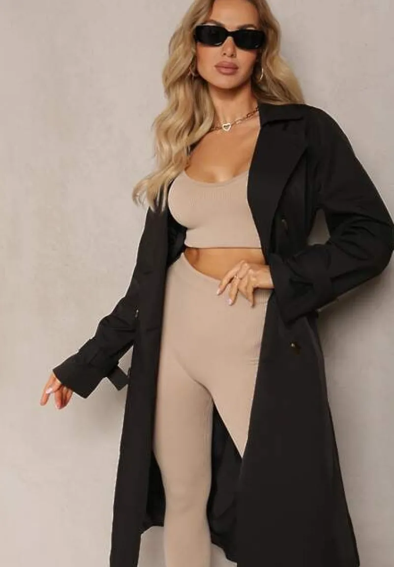 Czarny Płaszcz Trencz Dwurzędowy Taliowany Paskiem z Patkami na Rękawach Diore