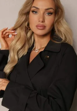 Czarny Płaszcz Trencz Dwurzędowy Taliowany Paskiem z Patkami na Rękawach Diore