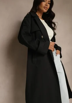 Czarny Płaszcz Trencz o Dwurzędowym Kroju z Rozcięciem i Klapą Wiązany w Talii Valezi