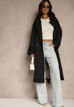 Czarny Płaszcz Trencz o Dwurzędowym Kroju z Rozcięciem i Klapą Wiązany w Talii Valezi