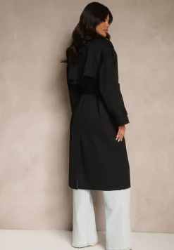 Czarny Płaszcz Trencz o Dwurzędowym Kroju z Rozcięciem i Klapą Wiązany w Talii Valezi