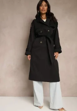Czarny Płaszcz Trencz o Dwurzędowym Kroju z Rozcięciem i Klapą Wiązany w Talii Valezi