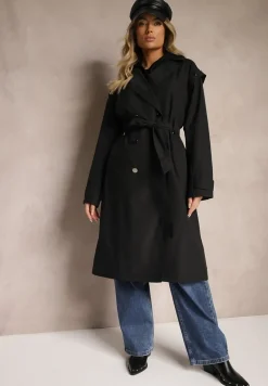 Czarny Płaszcz Trencz o Kroju Oversize Ozdobiony Materiałowym Paskiem i Guzikami Iritheas