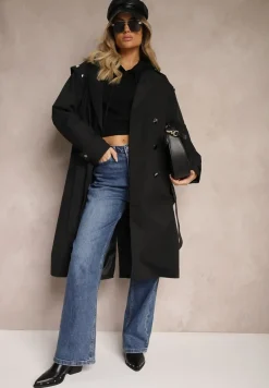 Czarny Płaszcz Trencz o Kroju Oversize Ozdobiony Materiałowym Paskiem i Guzikami Iritheas