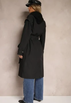Czarny Płaszcz Trencz o Kroju Oversize Ozdobiony Materiałowym Paskiem i Guzikami Iritheas
