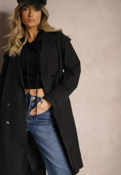 Czarny Płaszcz Trencz o Kroju Oversize Ozdobiony Materiałowym Paskiem i Guzikami Iritheas
