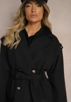 Czarny Płaszcz Trencz o Kroju Oversize Ozdobiony Materiałowym Paskiem i Guzikami Iritheas