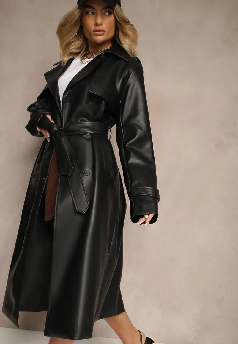 Czarny Płaszcz Trencz z Ekoskóry Wiązany w Pasie Ozdobiony Paskami Valentisha