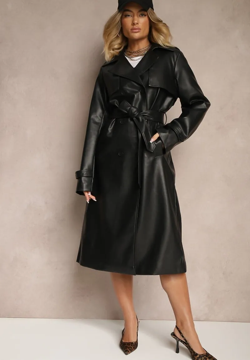 Czarny Płaszcz Trencz z Ekoskóry Wiązany w Pasie Ozdobiony Paskami Valentisha