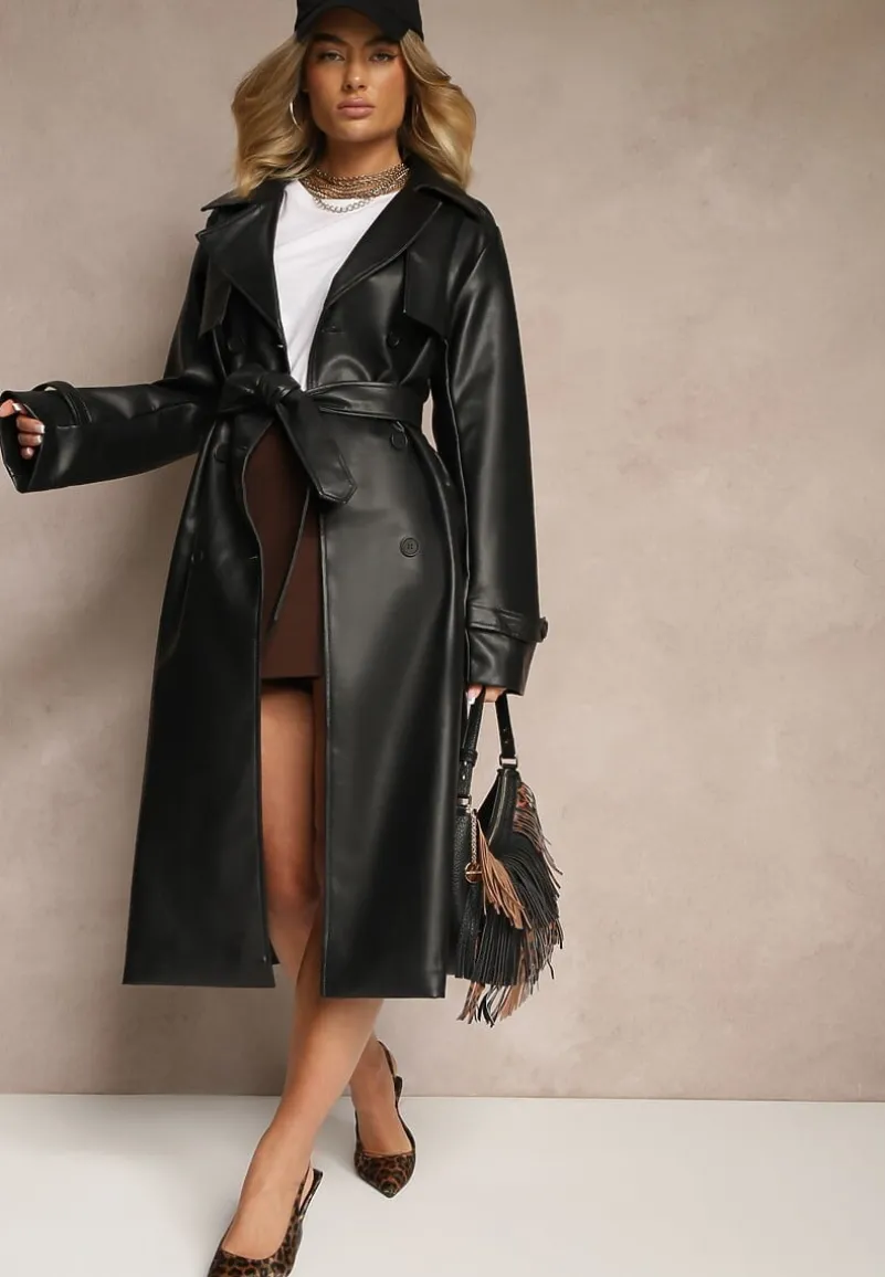 Czarny Płaszcz Trencz z Ekoskóry Wiązany w Pasie Ozdobiony Paskami Valentisha
