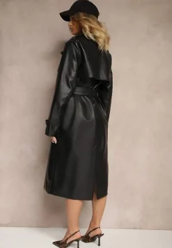 Czarny Płaszcz Trencz z Ekoskóry Wiązany w Pasie Ozdobiony Paskami Valentisha