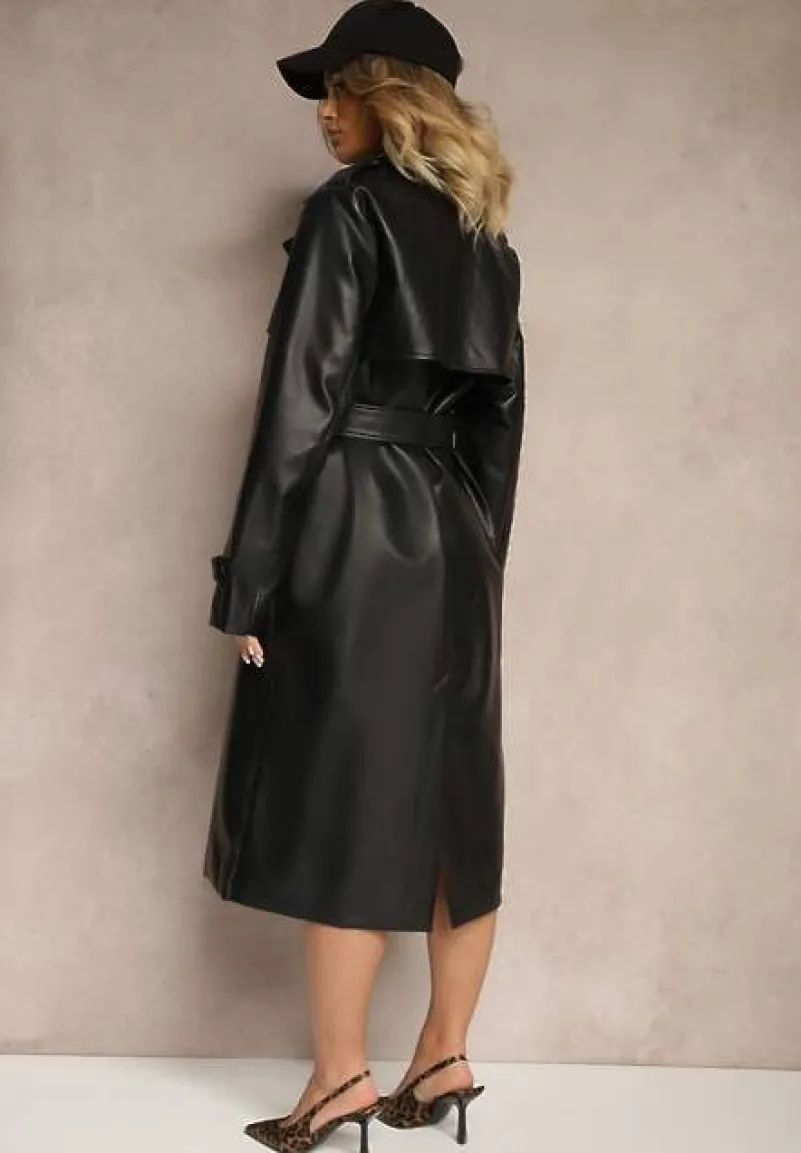 Czarny Płaszcz Trencz z Ekoskóry Wiązany w Pasie Ozdobiony Paskami Valentisha