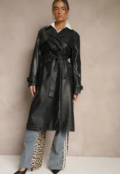 Czarny Płaszcz Trencz z Imitacji Skóry o Dwurzędowym Fasonie z Paskiem Davialia