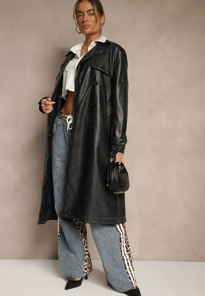 Czarny Płaszcz Trencz z Imitacji Skóry o Dwurzędowym Fasonie z Paskiem Davialia